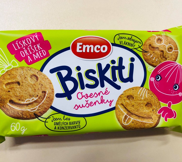 Ovesné sušenky Emco Biskiti oříšek a med